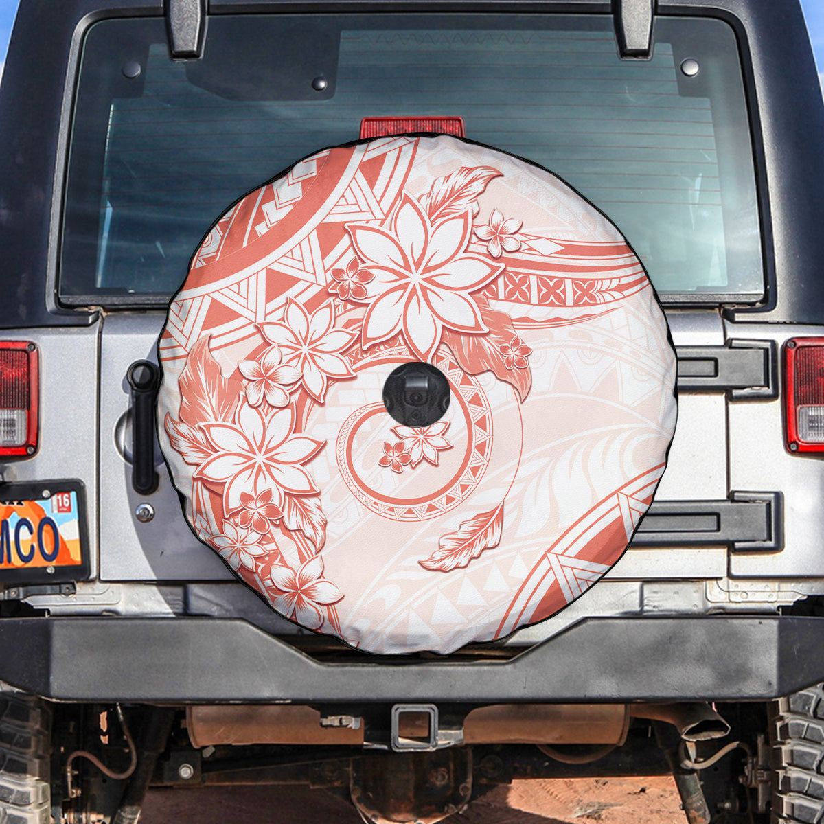 Polynesian Pattern With Plumeria Flowers Spare Tire Cover Orange Peach