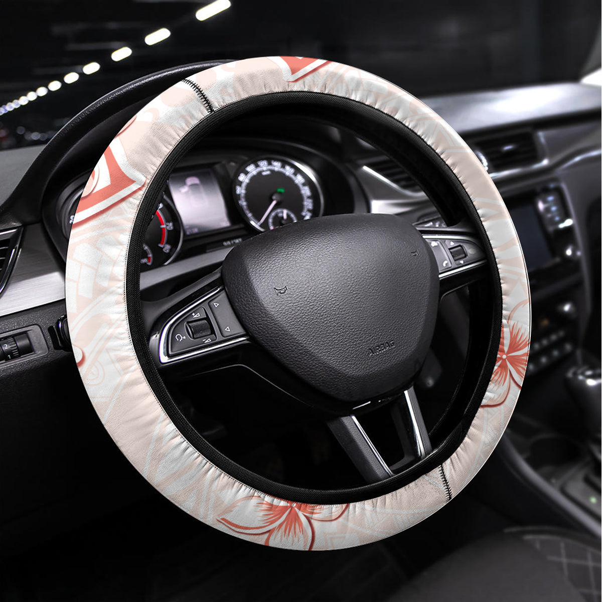 Polynesian Pattern With Plumeria Flowers Steering Wheel Cover Orange Peach LT05 Universal Fit Peach - Polynesian Pride