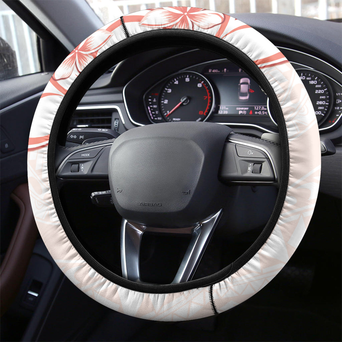 Polynesian Pattern With Plumeria Flowers Steering Wheel Cover Orange Peach LT05 - Polynesian Pride