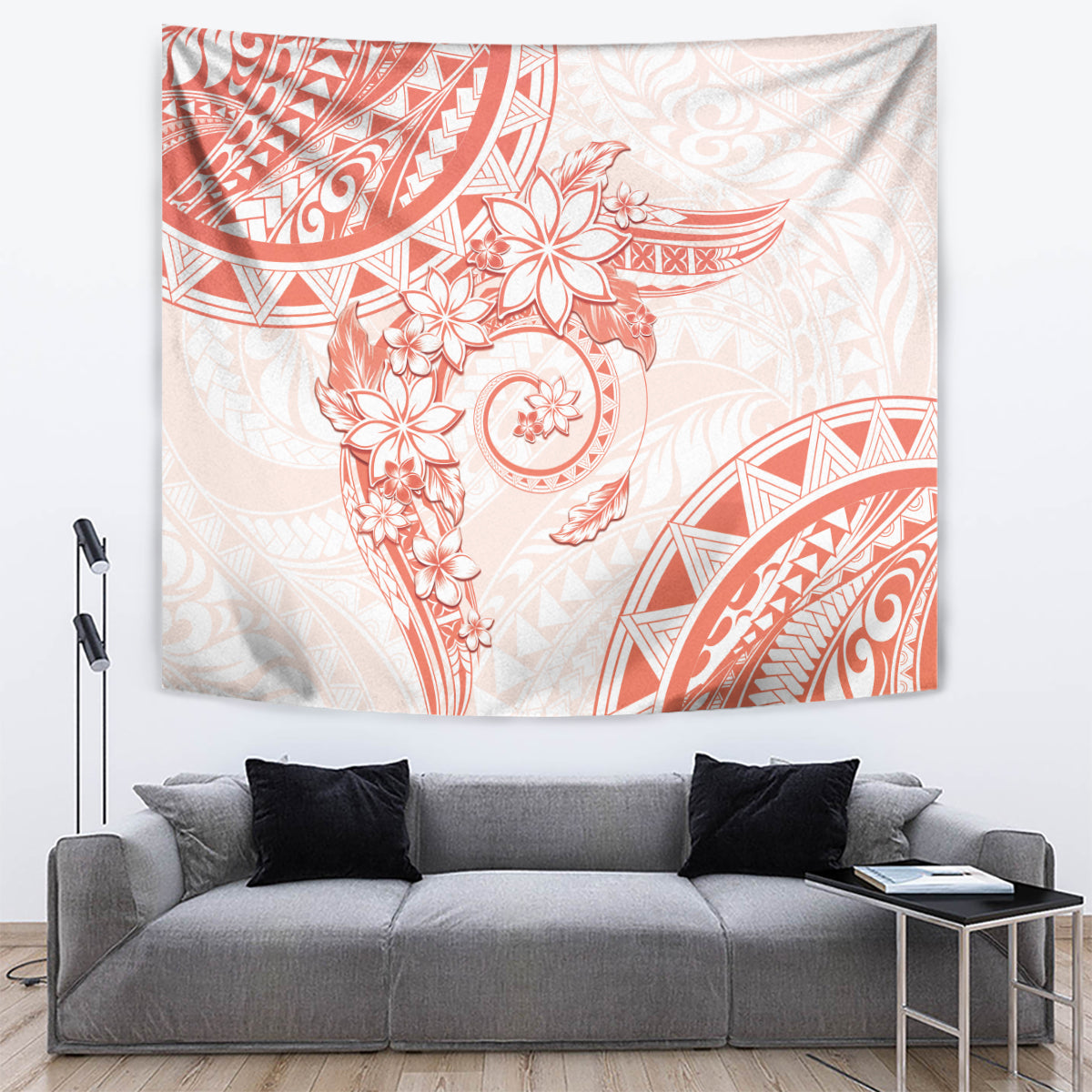 Polynesian Pattern With Plumeria Flowers Tapestry Orange Peach