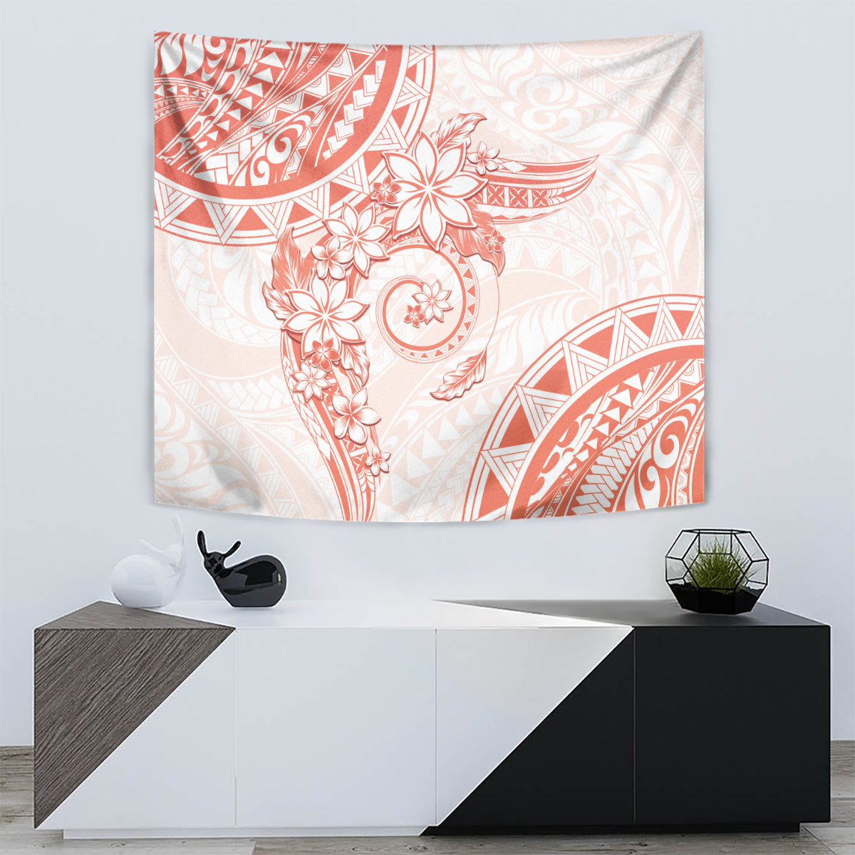 Polynesian Pattern With Plumeria Flowers Tapestry Orange Peach LT05 - Polynesian Pride