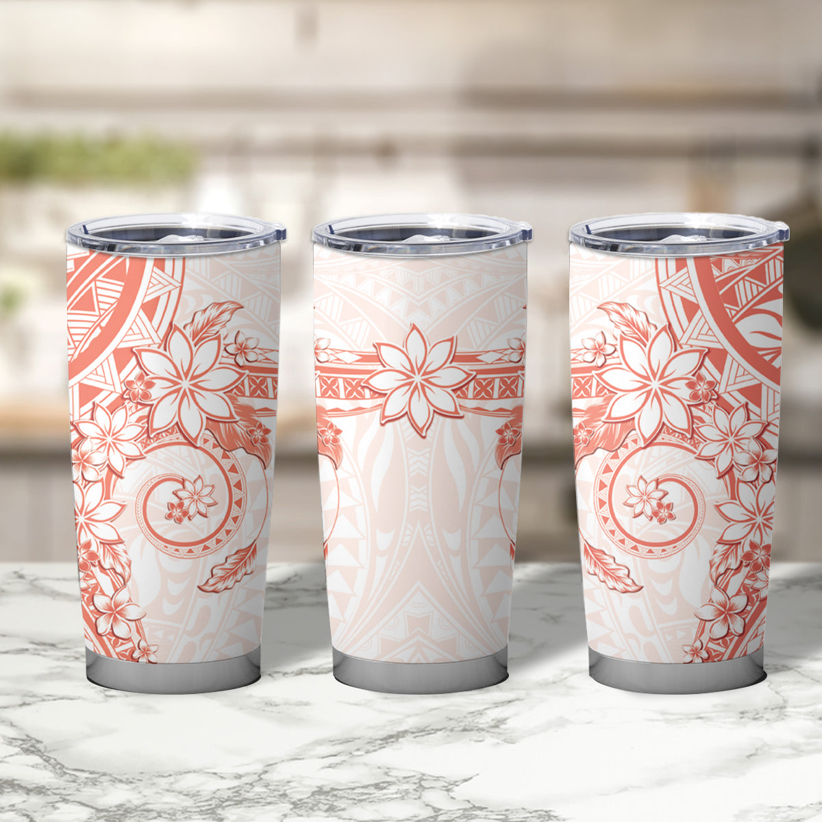 Orange Peach Polynesian Pattern With Plumeria Flowers Tumbler Cup