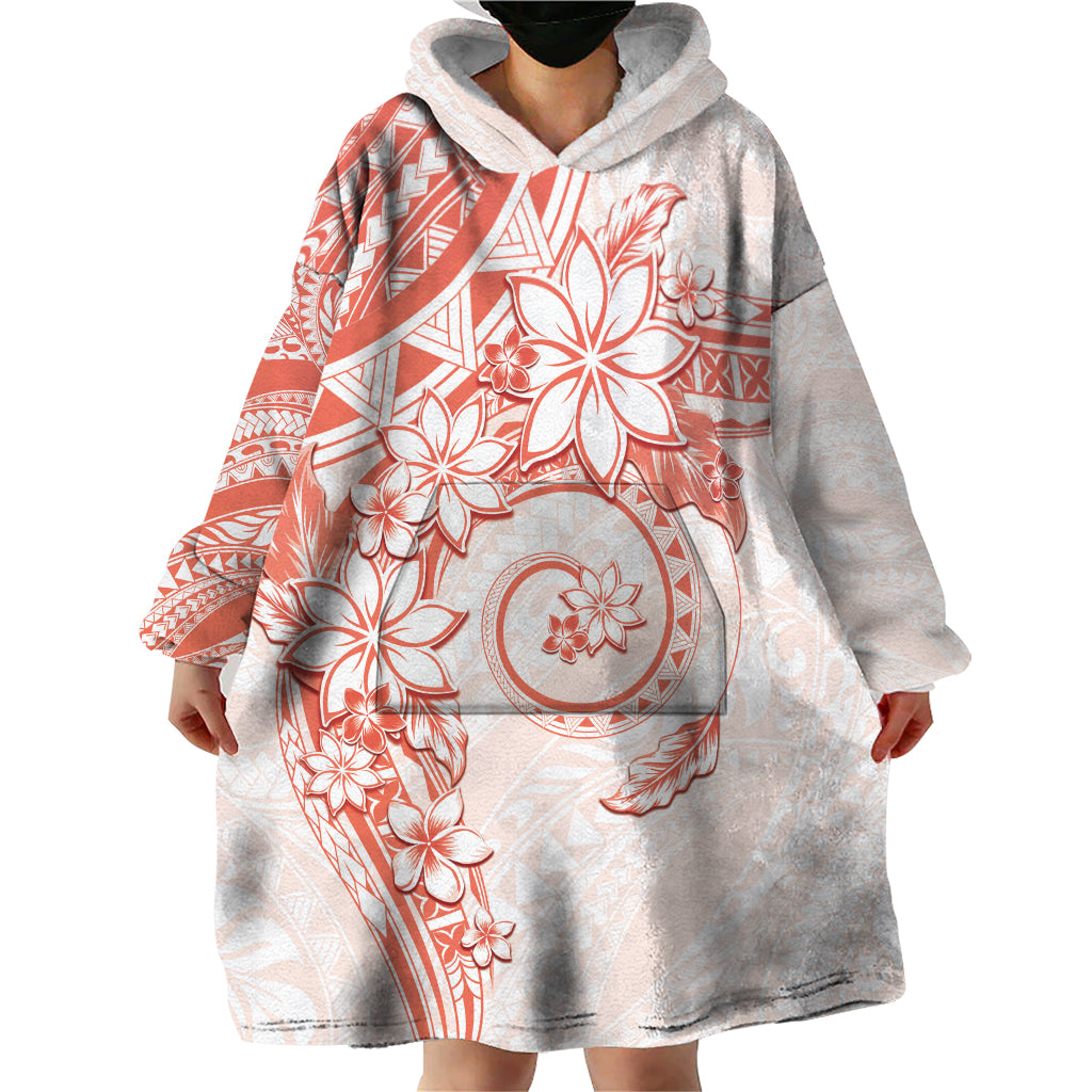 Polynesian Pattern With Plumeria Flowers Wearable Blanket Hoodie Orange Peach LT05 - Polynesian Pride