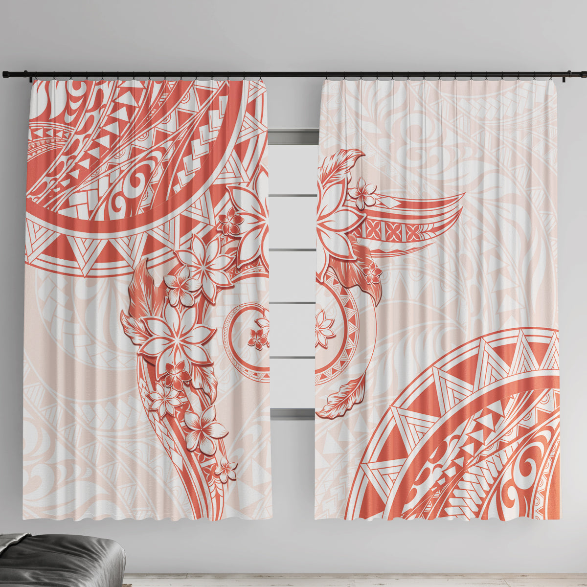 Polynesian Pattern With Plumeria Flowers Window Curtain Orange Peach