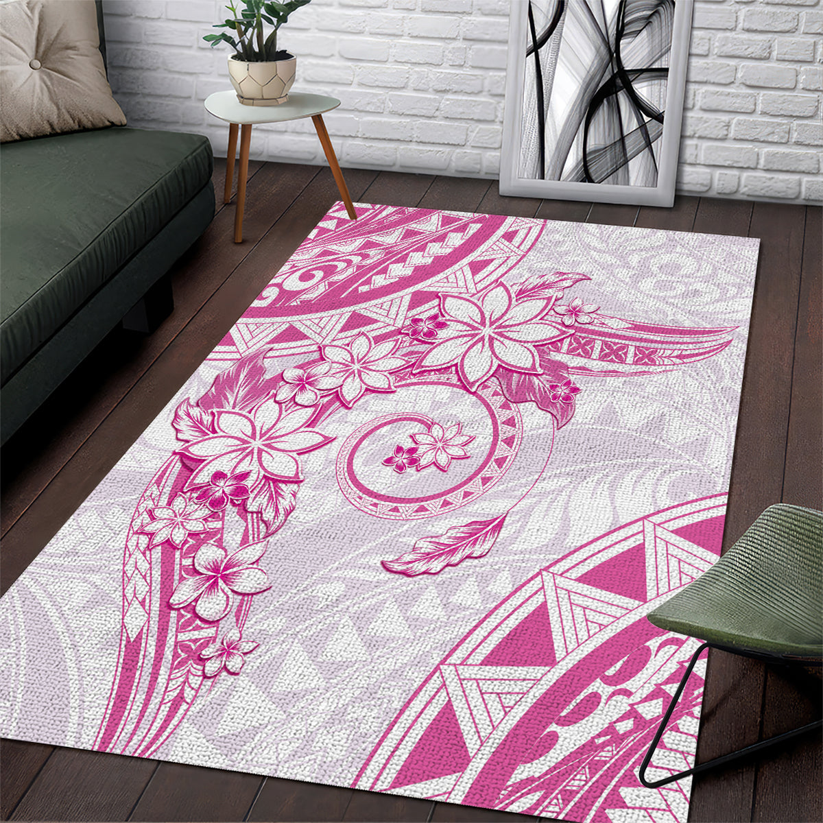 Polynesian Pattern With Plumeria Flowers Area Rug Pink