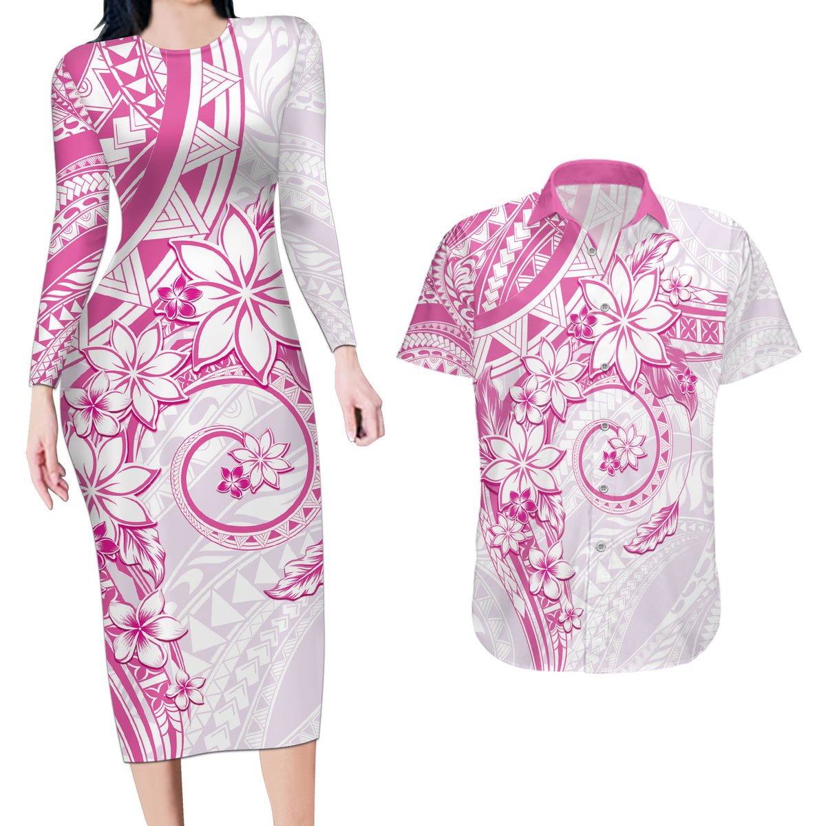 Polynesian Pattern With Plumeria Flowers Couples Matching Long Sleeve Bodycon Dress and Hawaiian Shirt Pink LT05 Pink - Polynesian Pride