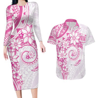 Polynesian Pattern With Plumeria Flowers Couples Matching Long Sleeve Bodycon Dress and Hawaiian Shirt Pink LT05 Pink - Polynesian Pride