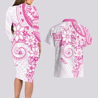 Polynesian Pattern With Plumeria Flowers Couples Matching Long Sleeve Bodycon Dress and Hawaiian Shirt Pink LT05 - Polynesian Pride