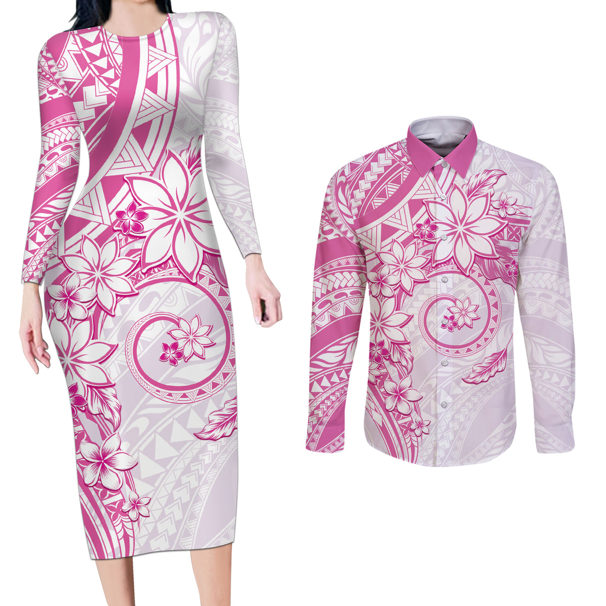 Polynesian Pattern With Plumeria Flowers Couples Matching Long Sleeve Bodycon Dress and Long Sleeve Button Shirt Pink LT05 Pink - Polynesian Pride