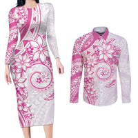 Polynesian Pattern With Plumeria Flowers Couples Matching Long Sleeve Bodycon Dress and Long Sleeve Button Shirt Pink LT05 Pink - Polynesian Pride