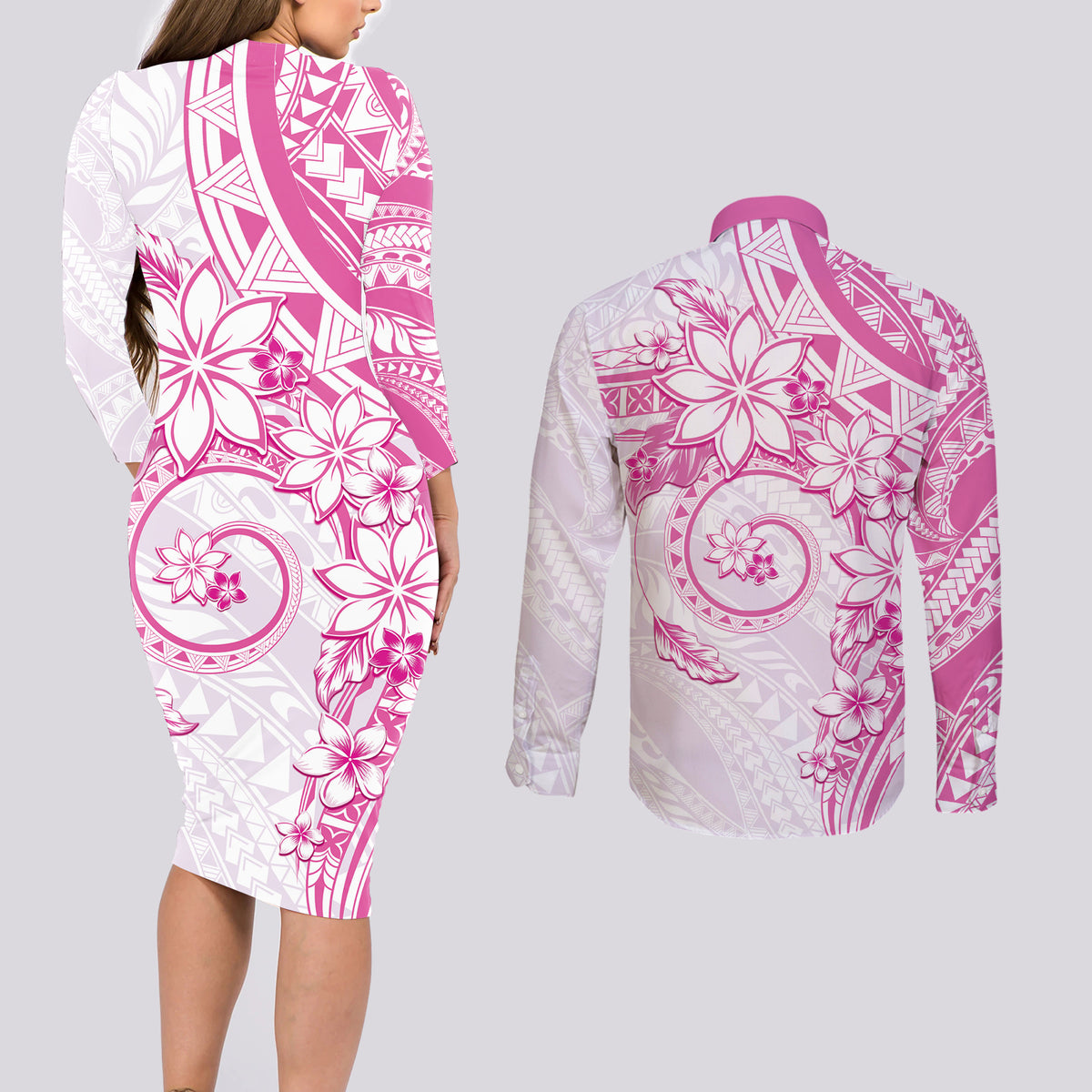 Polynesian Pattern With Plumeria Flowers Couples Matching Long Sleeve Bodycon Dress and Long Sleeve Button Shirt Pink LT05 - Polynesian Pride