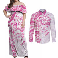 Polynesian Pattern With Plumeria Flowers Couples Matching Off Shoulder Maxi Dress and Long Sleeve Button Shirt Pink LT05 Pink - Polynesian Pride