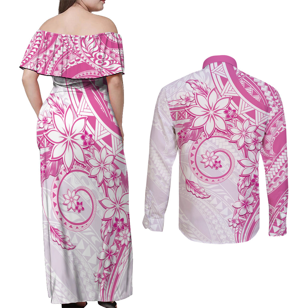 Polynesian Pattern With Plumeria Flowers Couples Matching Off Shoulder Maxi Dress and Long Sleeve Button Shirt Pink LT05 - Polynesian Pride