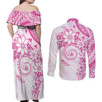 Polynesian Pattern With Plumeria Flowers Couples Matching Off Shoulder Maxi Dress and Long Sleeve Button Shirt Pink LT05 - Polynesian Pride