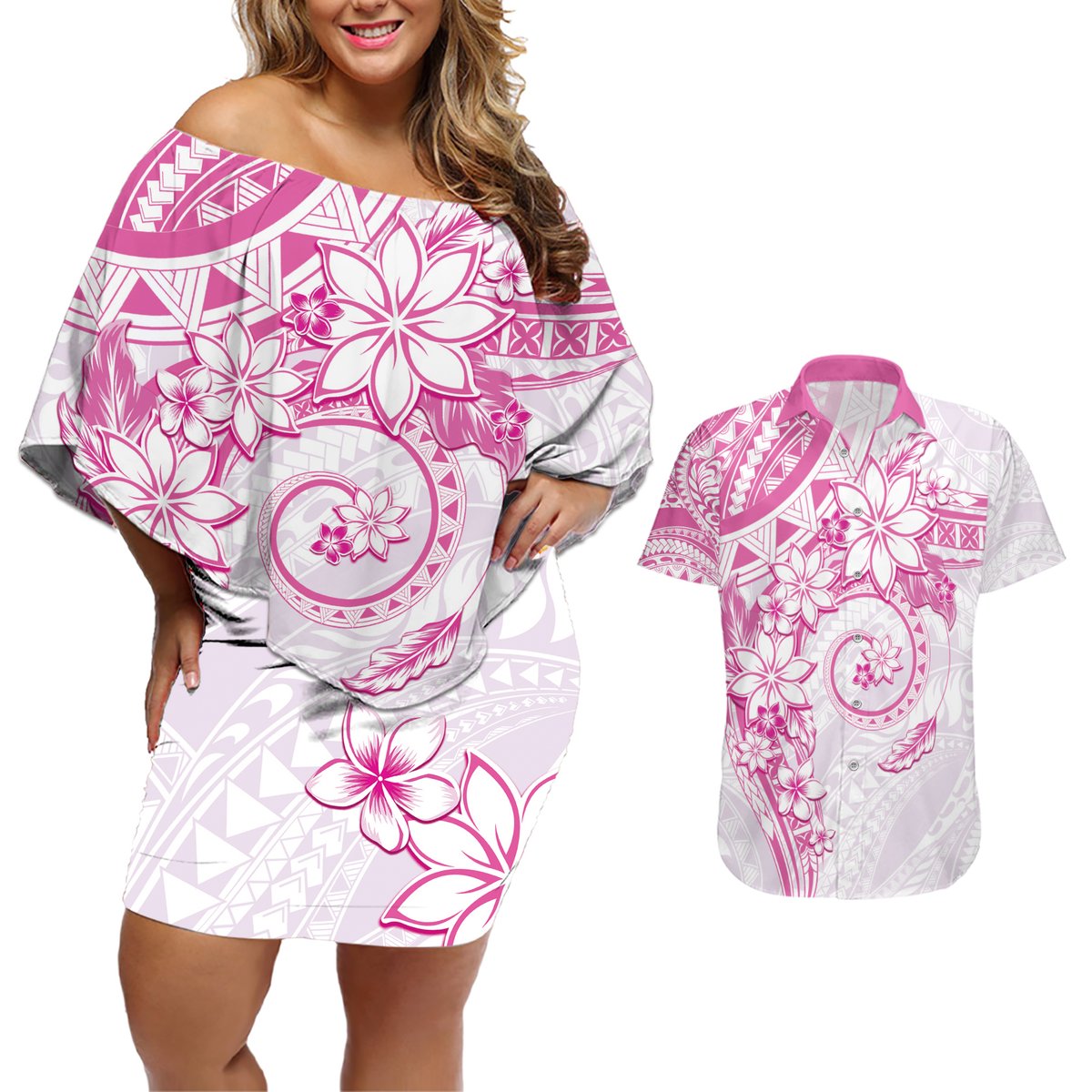 Polynesian Pattern With Plumeria Flowers Couples Matching Off Shoulder Short Dress and Hawaiian Shirt Pink LT05 Pink - Polynesian Pride