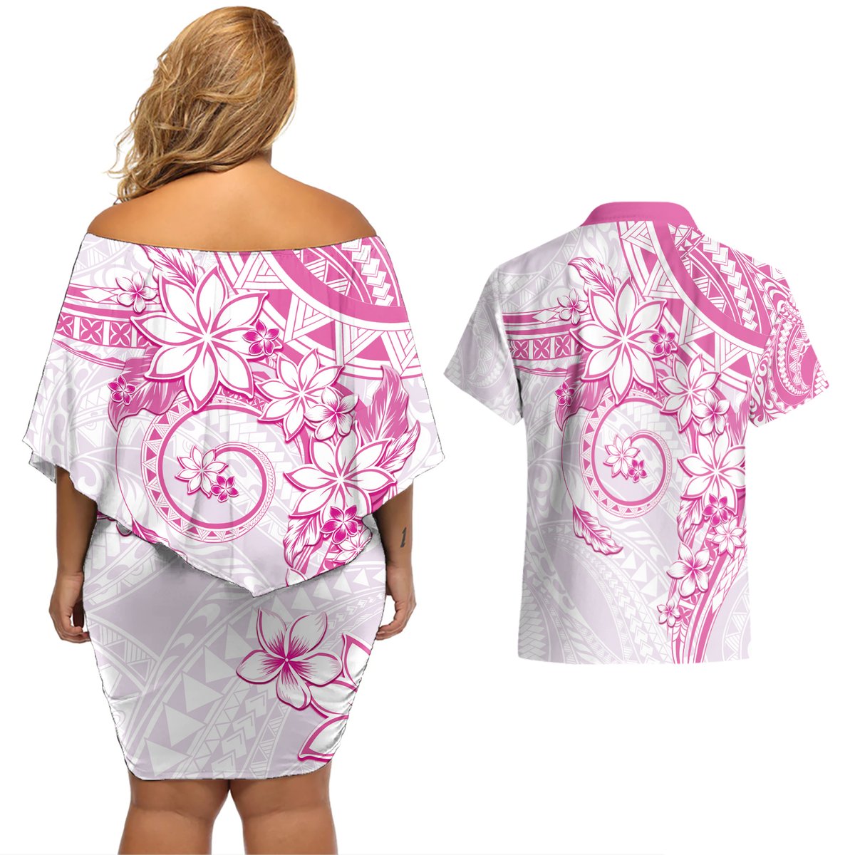 Polynesian Pattern With Plumeria Flowers Couples Matching Off Shoulder Short Dress and Hawaiian Shirt Pink LT05 - Polynesian Pride