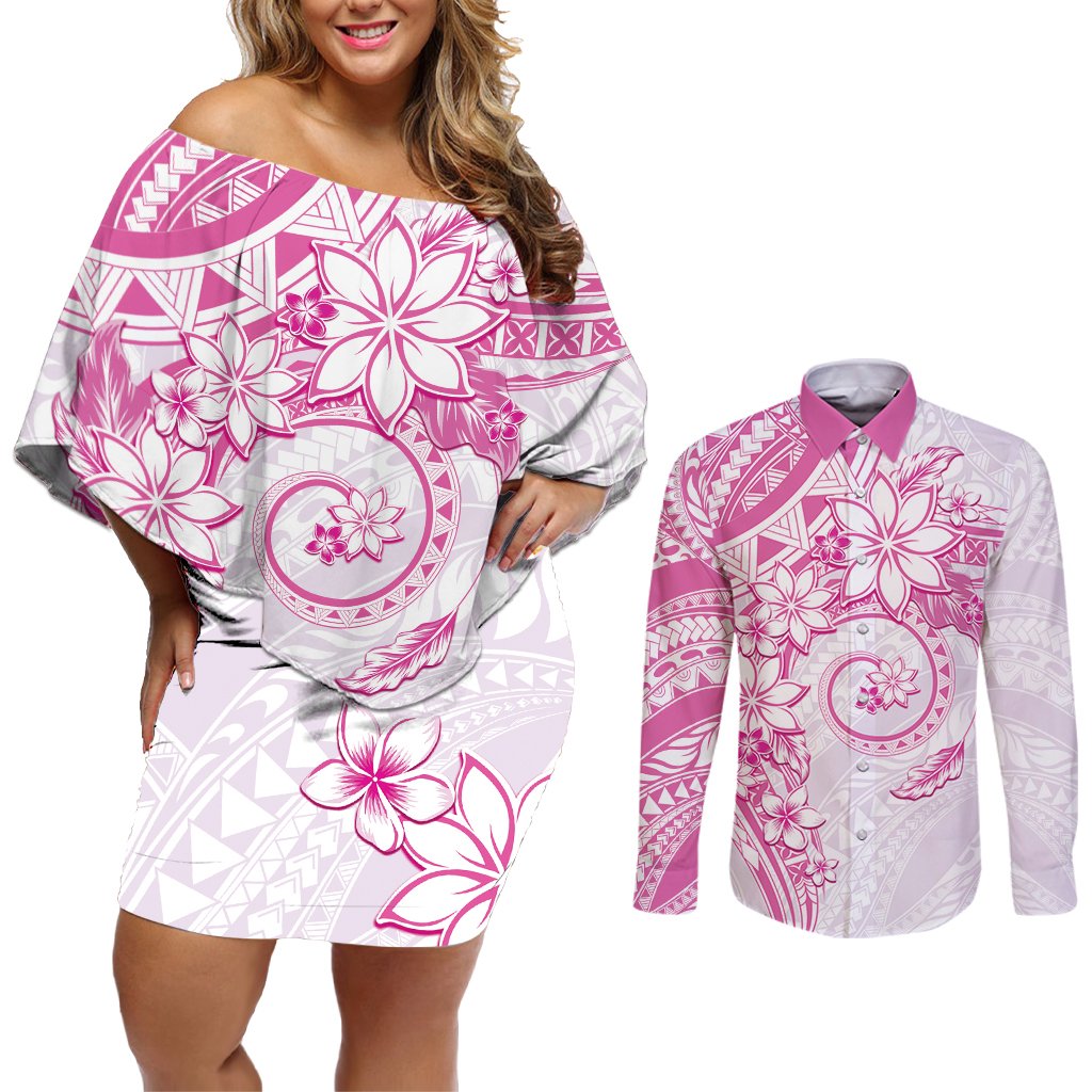 Polynesian Pattern With Plumeria Flowers Couples Matching Off Shoulder Short Dress and Long Sleeve Button Shirt Pink LT05 Pink - Polynesian Pride