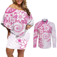 Polynesian Pattern With Plumeria Flowers Couples Matching Off Shoulder Short Dress and Long Sleeve Button Shirt Pink LT05 Pink - Polynesian Pride