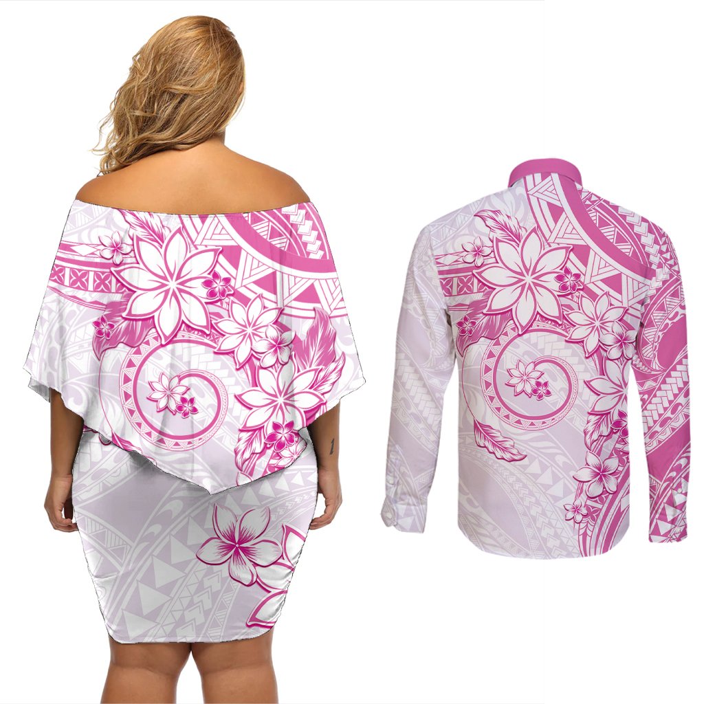 Polynesian Pattern With Plumeria Flowers Couples Matching Off Shoulder Short Dress and Long Sleeve Button Shirt Pink LT05 - Polynesian Pride