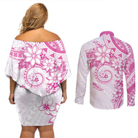 Polynesian Pattern With Plumeria Flowers Couples Matching Off Shoulder Short Dress and Long Sleeve Button Shirt Pink LT05 - Polynesian Pride