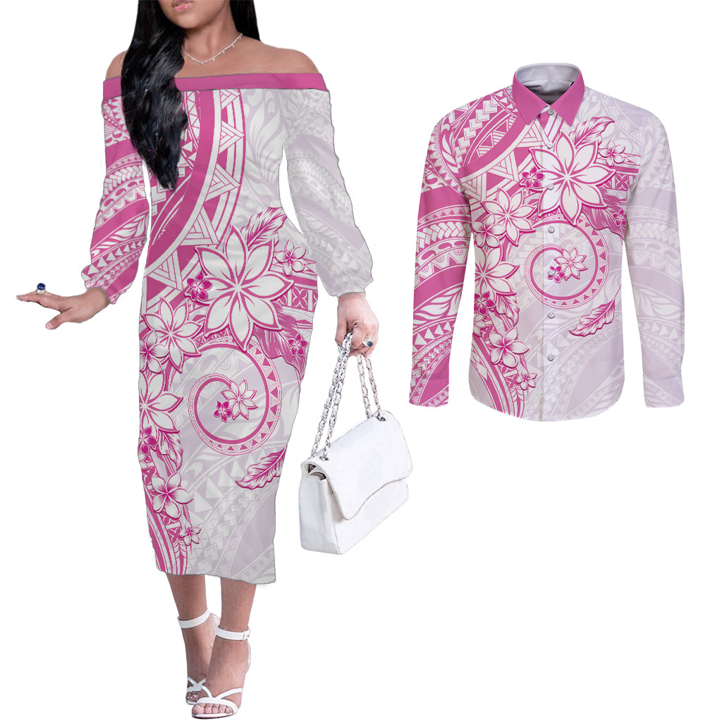 Polynesian Pattern With Plumeria Flowers Couples Matching Off The Shoulder Long Sleeve Dress and Long Sleeve Button Shirt Pink LT05 Pink - Polynesian Pride