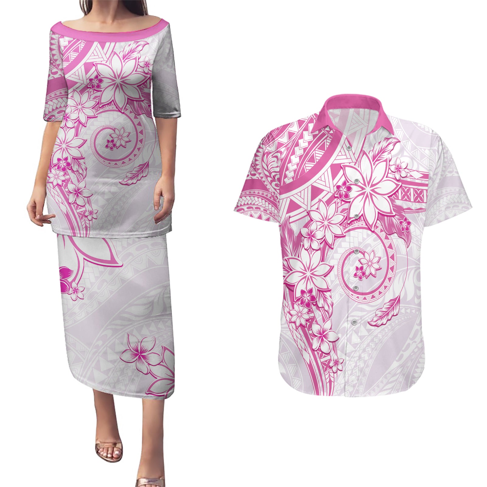 Polynesian Pattern With Plumeria Flowers Couples Matching Puletasi and Hawaiian Shirt Pink LT05 Pink - Polynesian Pride