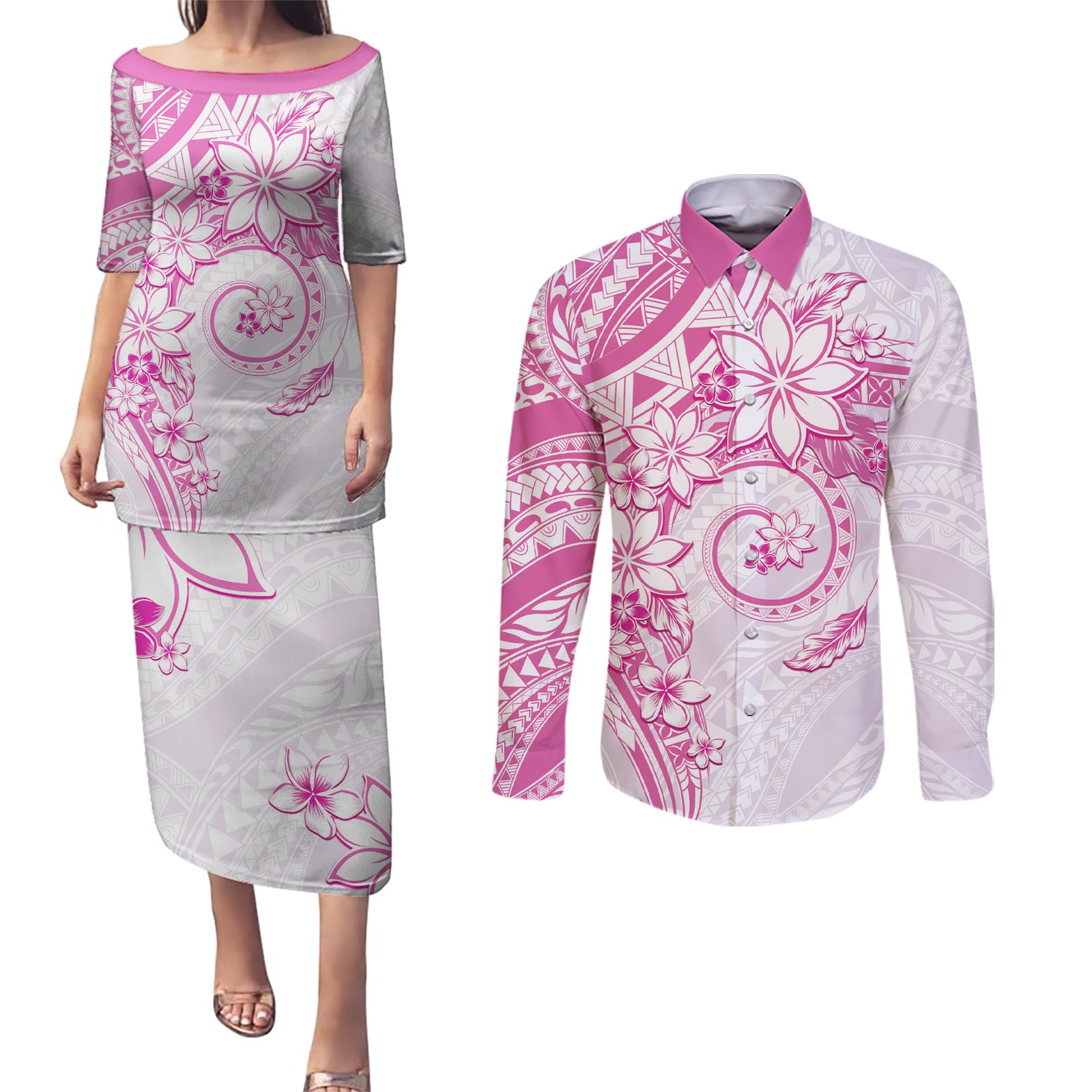 Polynesian Pattern With Plumeria Flowers Couples Matching Puletasi and Long Sleeve Button Shirt Pink LT05 Pink - Polynesian Pride