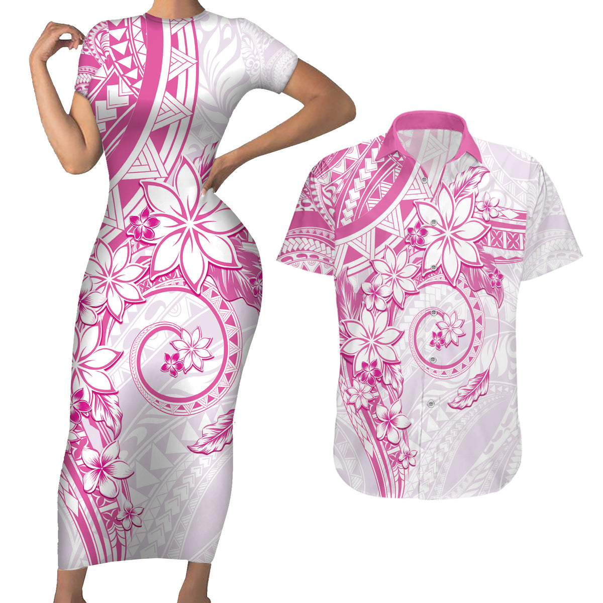 Polynesian Pattern With Plumeria Flowers Couples Matching Short Sleeve Bodycon Dress and Hawaiian Shirt Pink LT05 Pink - Polynesian Pride