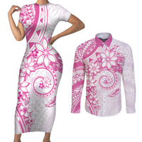 Polynesian Pattern With Plumeria Flowers Couples Matching Short Sleeve Bodycon Dress and Long Sleeve Button Shirt Pink LT05 Pink - Polynesian Pride