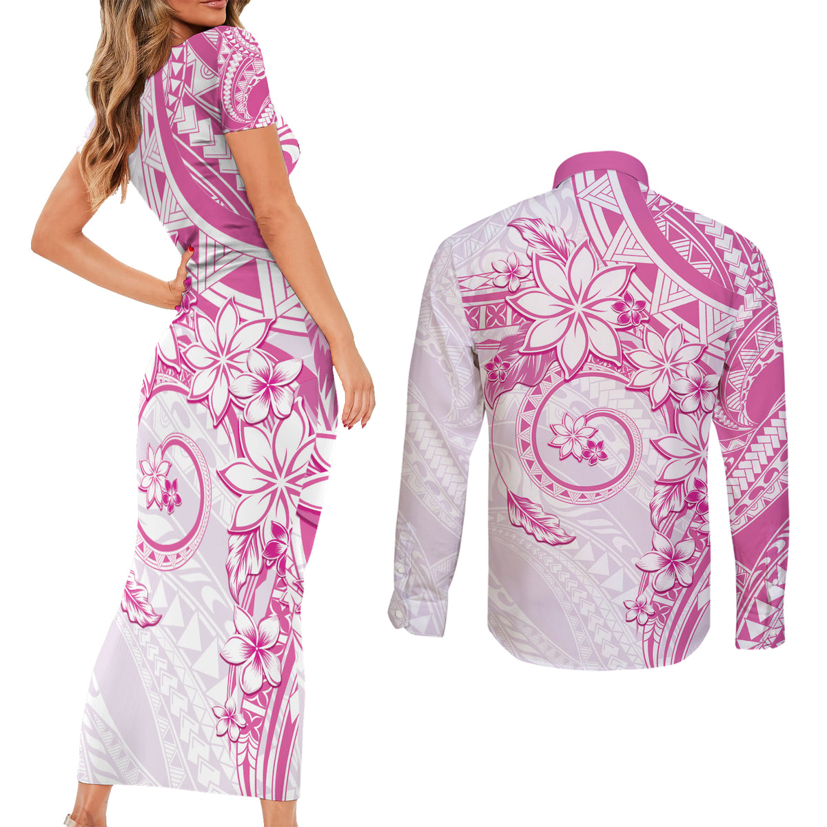 Polynesian Pattern With Plumeria Flowers Couples Matching Short Sleeve Bodycon Dress and Long Sleeve Button Shirt Pink LT05 - Polynesian Pride