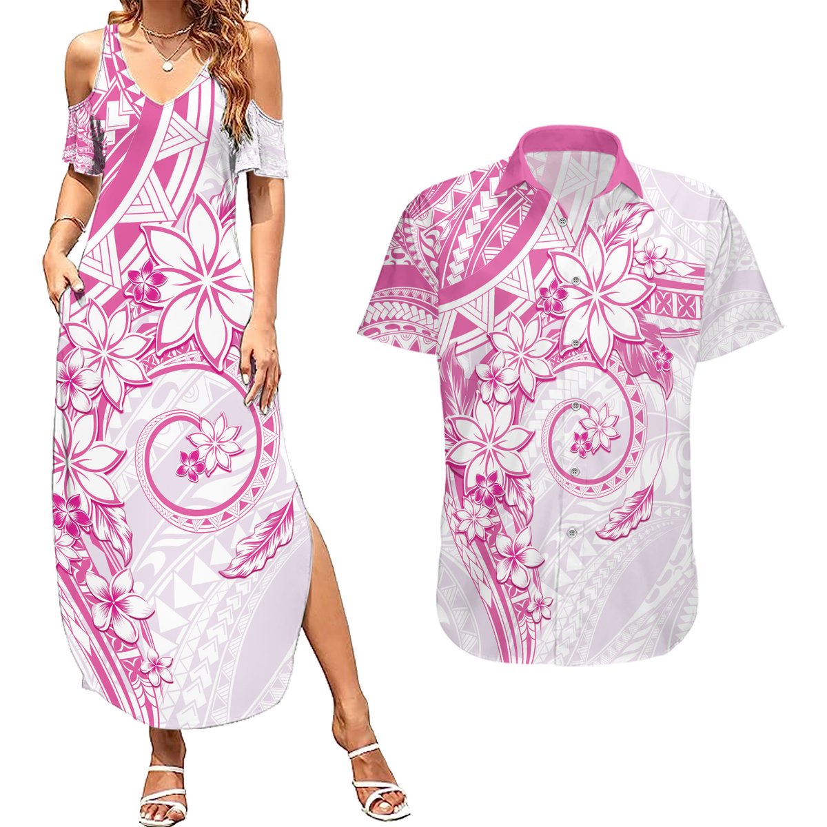 Polynesian Pattern With Plumeria Flowers Couples Matching Summer Maxi Dress and Hawaiian Shirt Pink LT05 Pink - Polynesian Pride