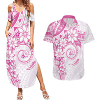 Polynesian Pattern With Plumeria Flowers Couples Matching Summer Maxi Dress and Hawaiian Shirt Pink LT05 Pink - Polynesian Pride