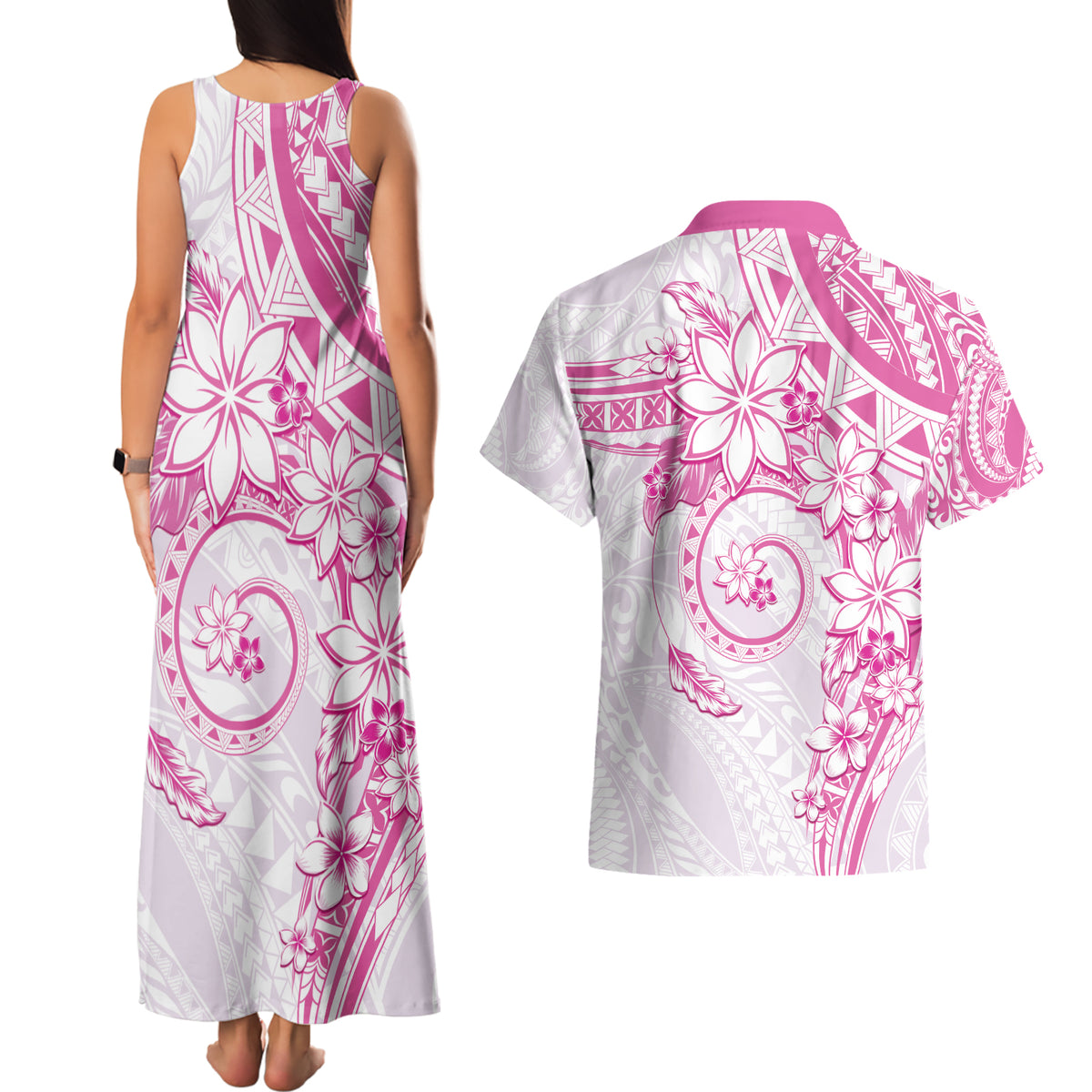 Polynesian Pattern With Plumeria Flowers Couples Matching Tank Maxi Dress and Hawaiian Shirt Pink LT05 - Polynesian Pride