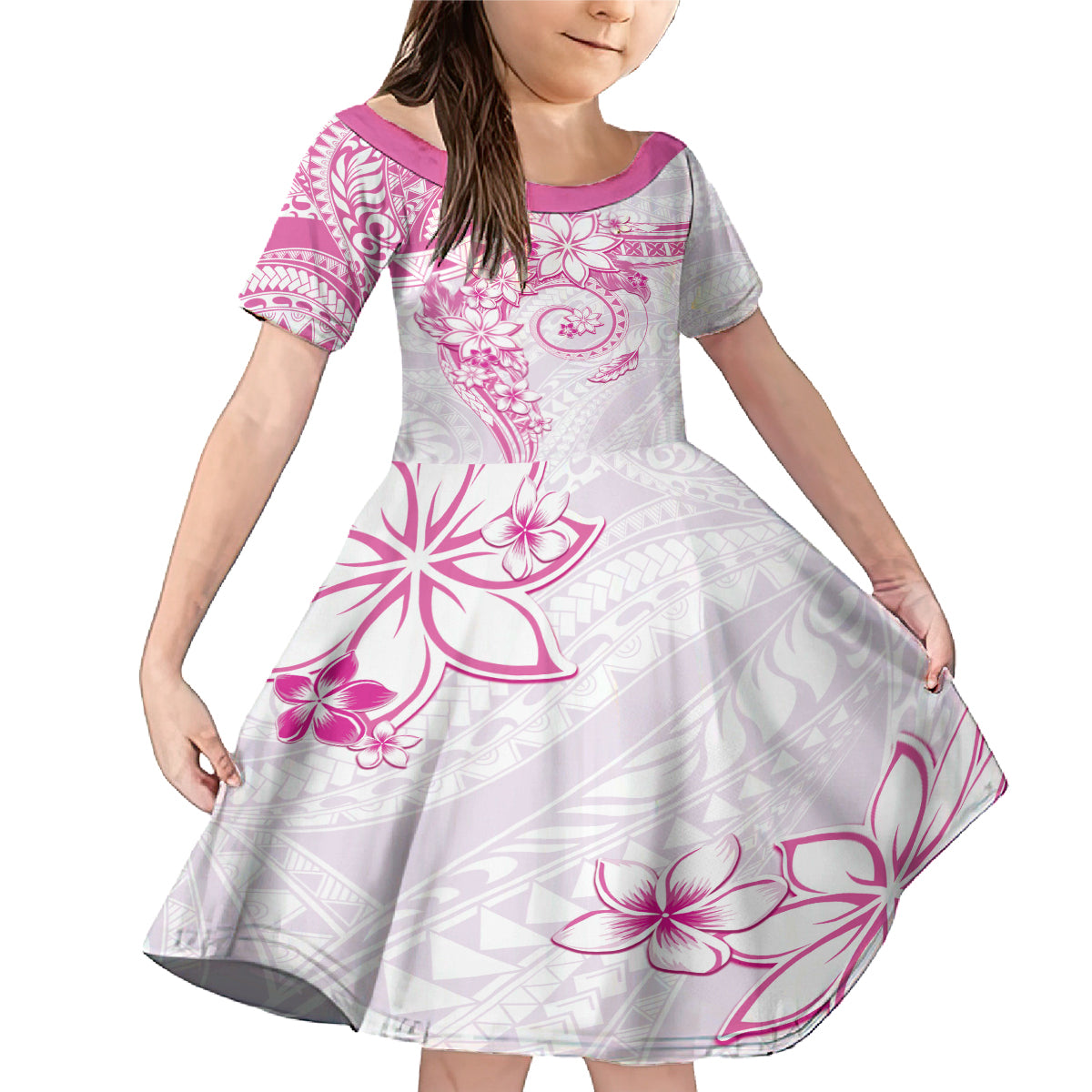 Polynesian Pattern With Plumeria Flowers Family Matching Mermaid Dress and Hawaiian Shirt Pink