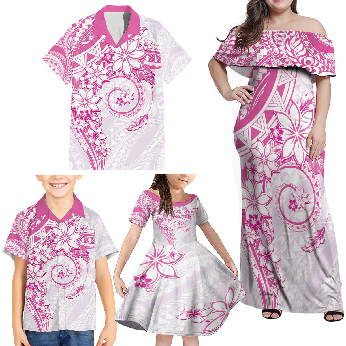 Polynesian Pattern With Plumeria Flowers Family Matching Off Shoulder Maxi Dress and Hawaiian Shirt Pink