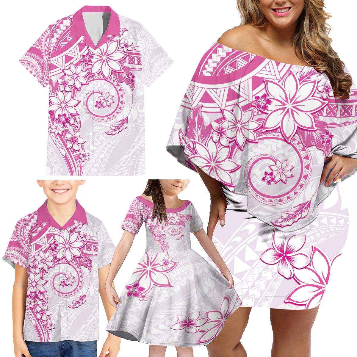 Polynesian Pattern With Plumeria Flowers Family Matching Off Shoulder Short Dress and Hawaiian Shirt Pink