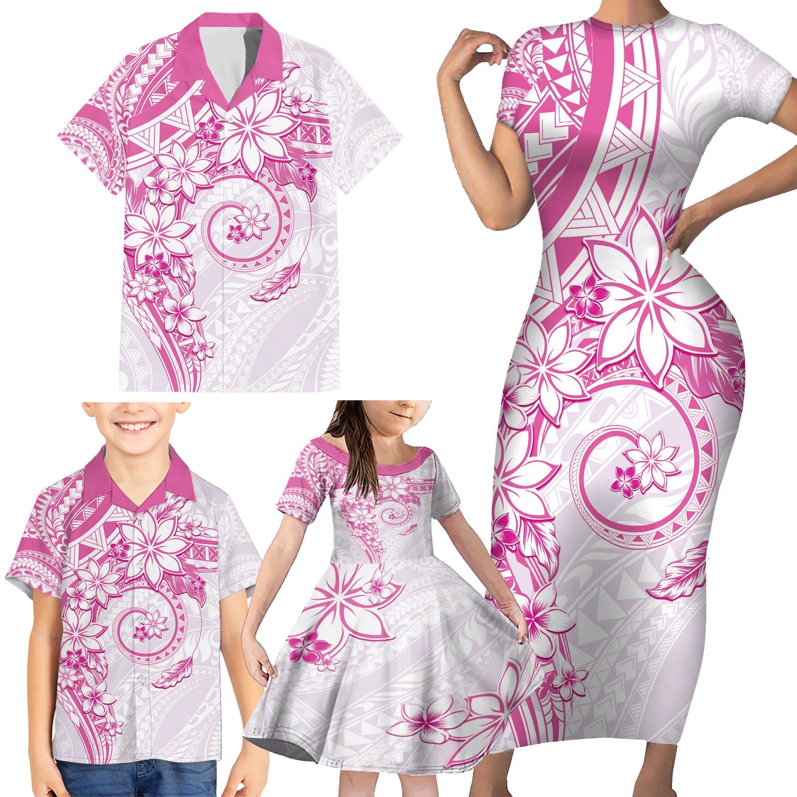 Polynesian Pattern With Plumeria Flowers Family Matching Short Sleeve Bodycon Dress and Hawaiian Shirt Pink