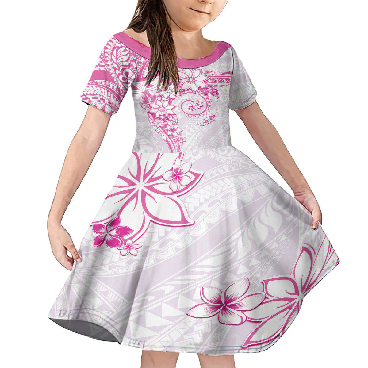 Polynesian Pattern With Plumeria Flowers Family Matching Summer Maxi Dress and Hawaiian Shirt Pink LT05 Daughter's Dress Pink - Polynesian Pride