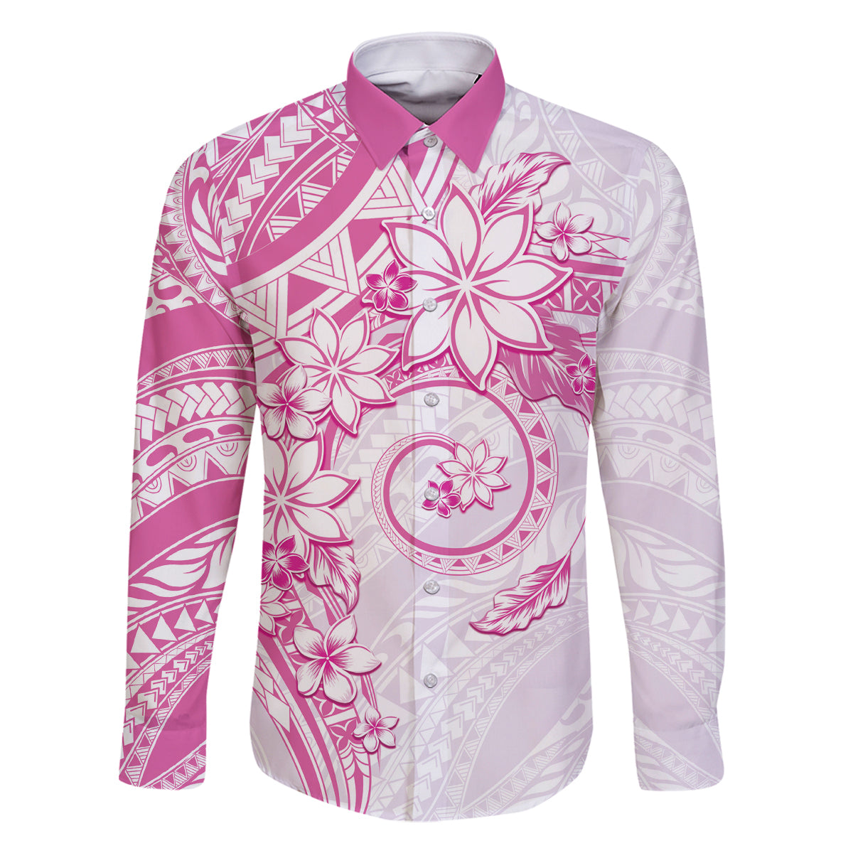 Polynesian Pattern With Plumeria Flowers Family Matching Summer Maxi Dress and Hawaiian Shirt Pink LT05 Dad's Shirt - Long Sleeve Pink - Polynesian Pride