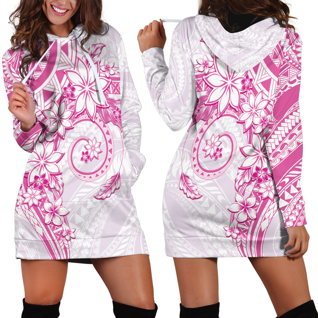 Polynesian Pattern With Plumeria Flowers Hoodie Dress Pink