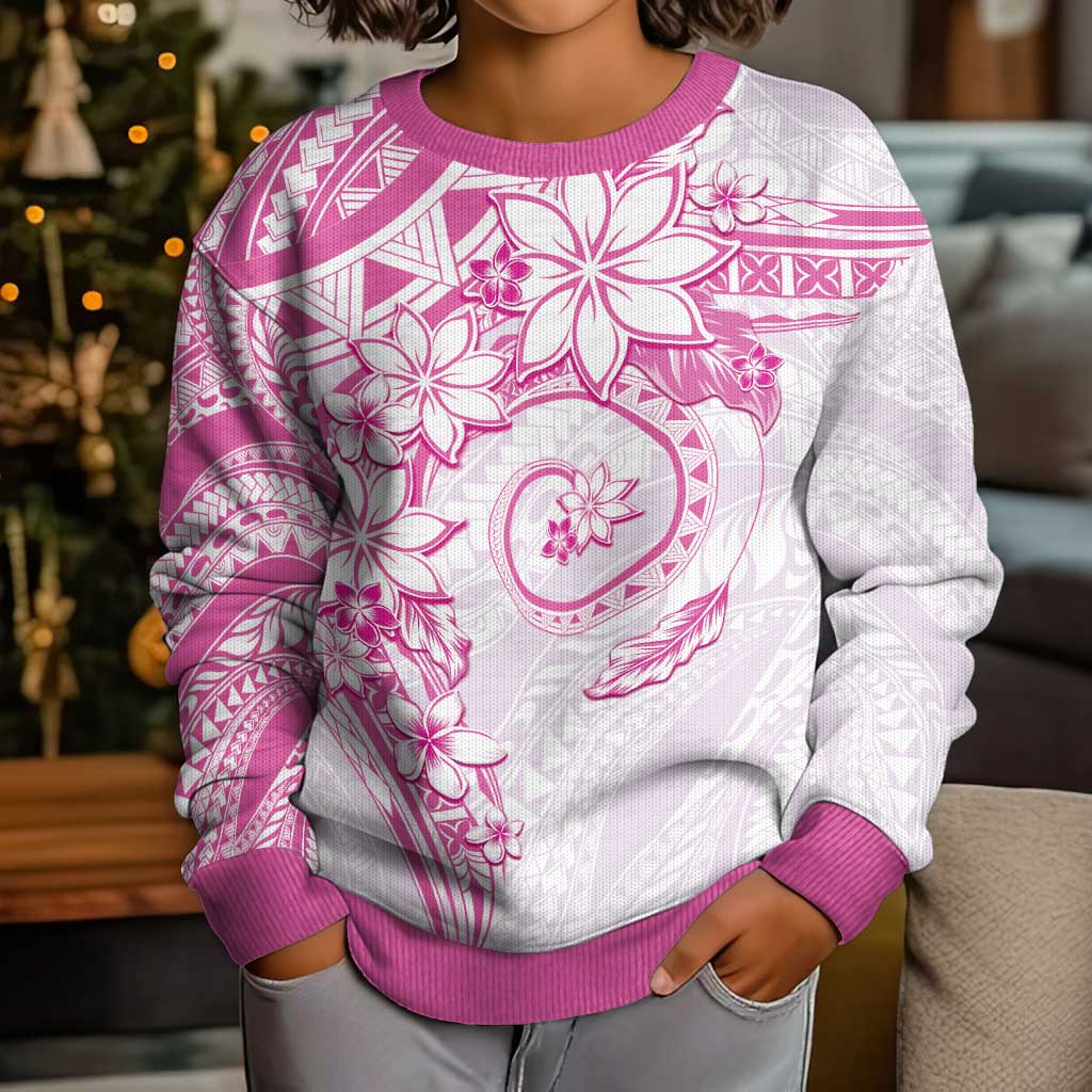Polynesian Pattern With Plumeria Flowers Kid Ugly Christmas Sweater Pink