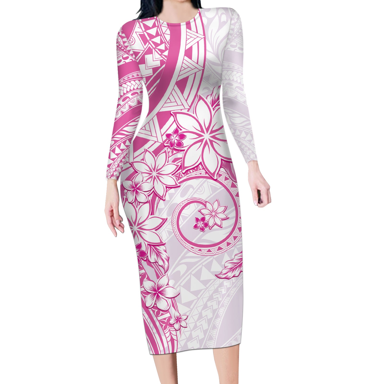 Polynesian Pattern With Plumeria Flowers Long Sleeve Bodycon Dress Pink