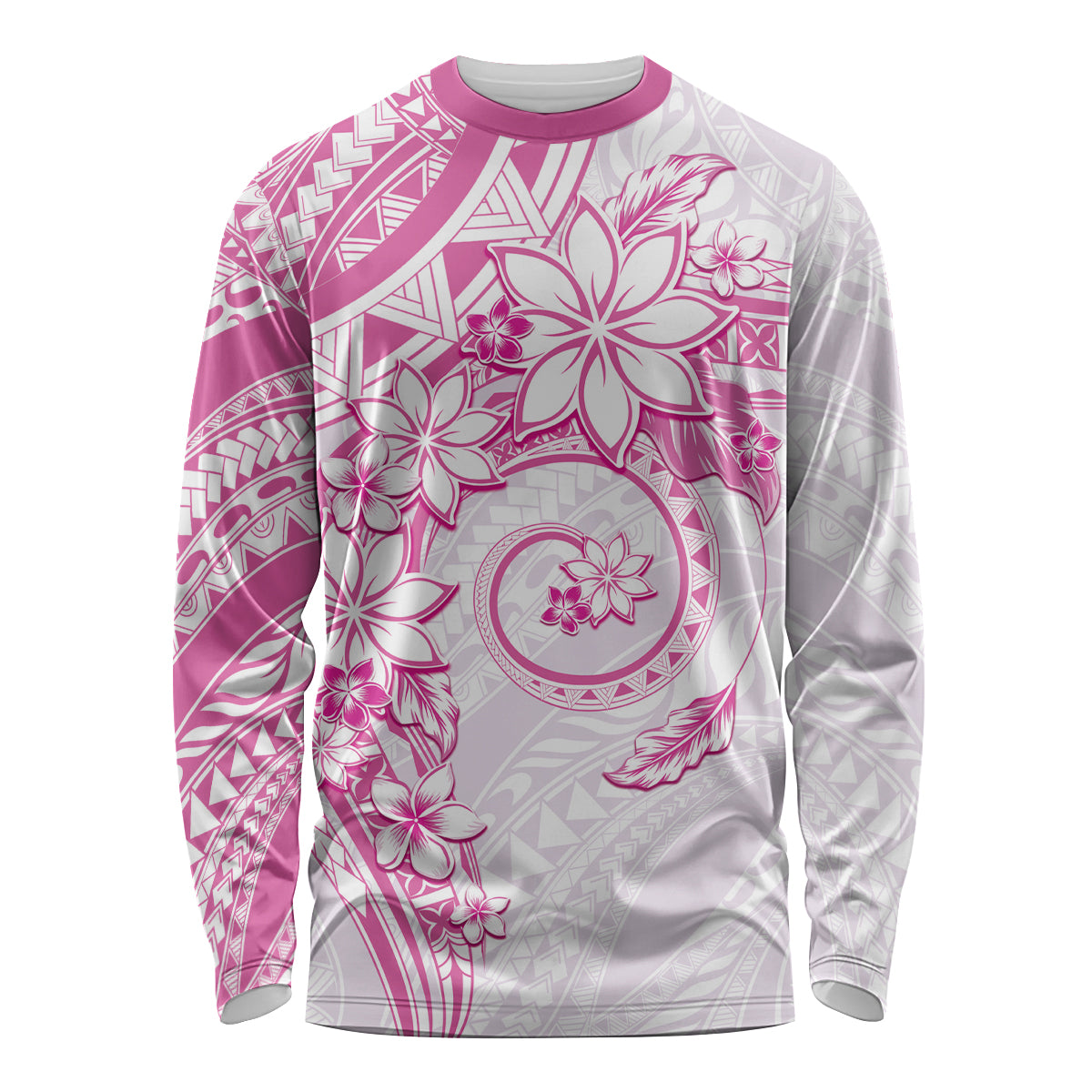 Polynesian Pattern With Plumeria Flowers Long Sleeve Shirt Pink