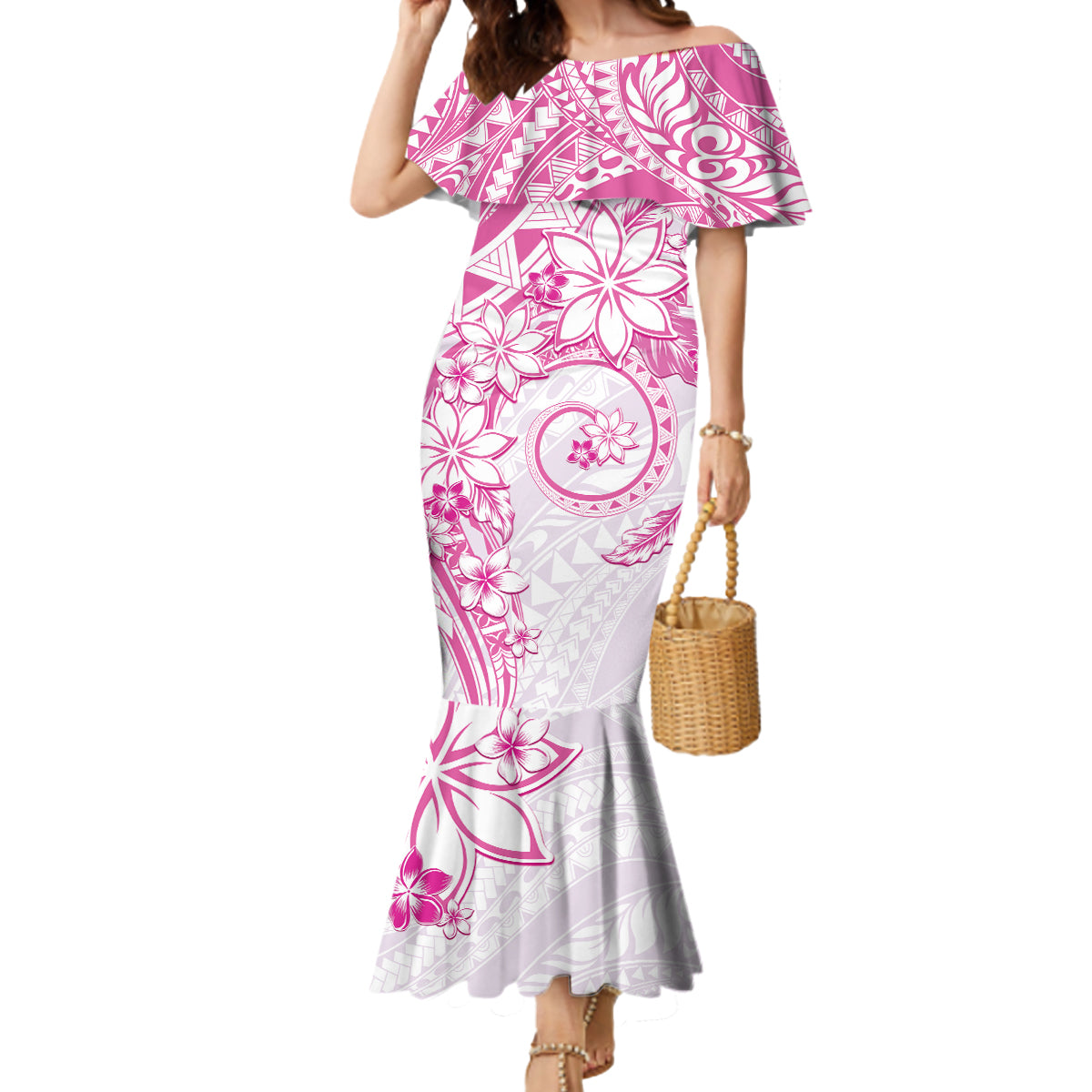 Polynesian Pattern With Plumeria Flowers Mermaid Dress Pink