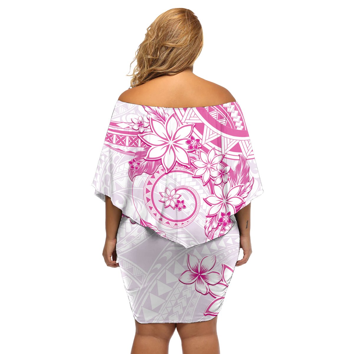 Polynesian Pattern With Plumeria Flowers Off Shoulder Short Dress Pink LT05 - Polynesian Pride