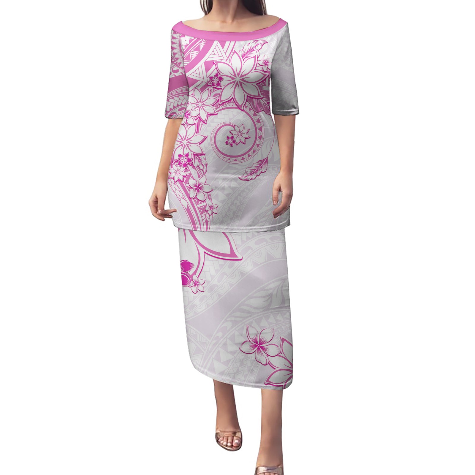 Polynesian Pattern With Plumeria Flowers Puletasi Pink LT05 Long Dress Pink - Polynesian Pride