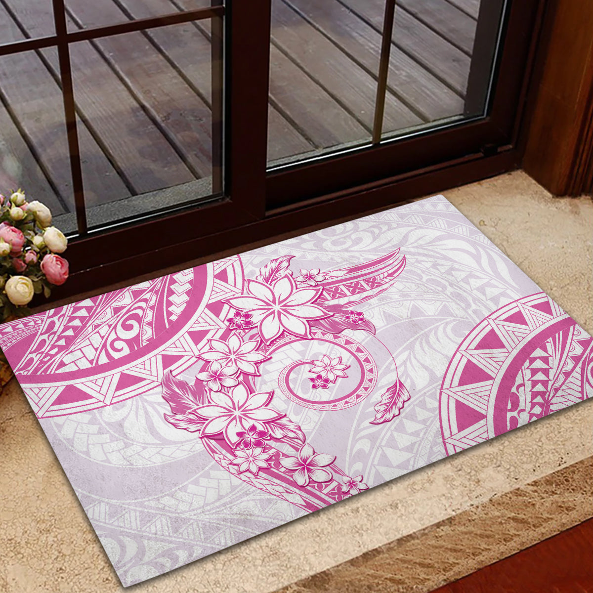 Polynesian Pattern With Plumeria Flowers Rubber Doormat Pink LT05 - Polynesian Pride