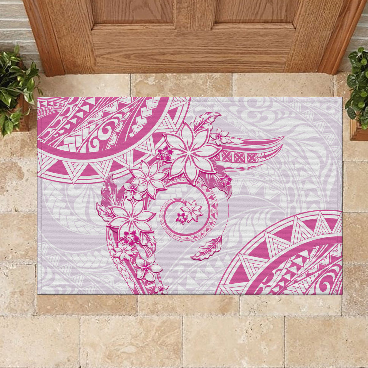 Polynesian Pattern With Plumeria Flowers Rubber Doormat Pink LT05 - Polynesian Pride