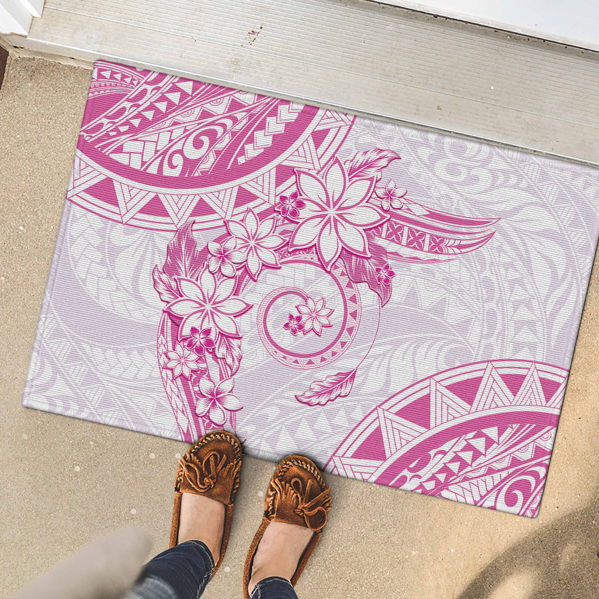 Polynesian Pattern With Plumeria Flowers Rubber Doormat Pink LT05 - Polynesian Pride