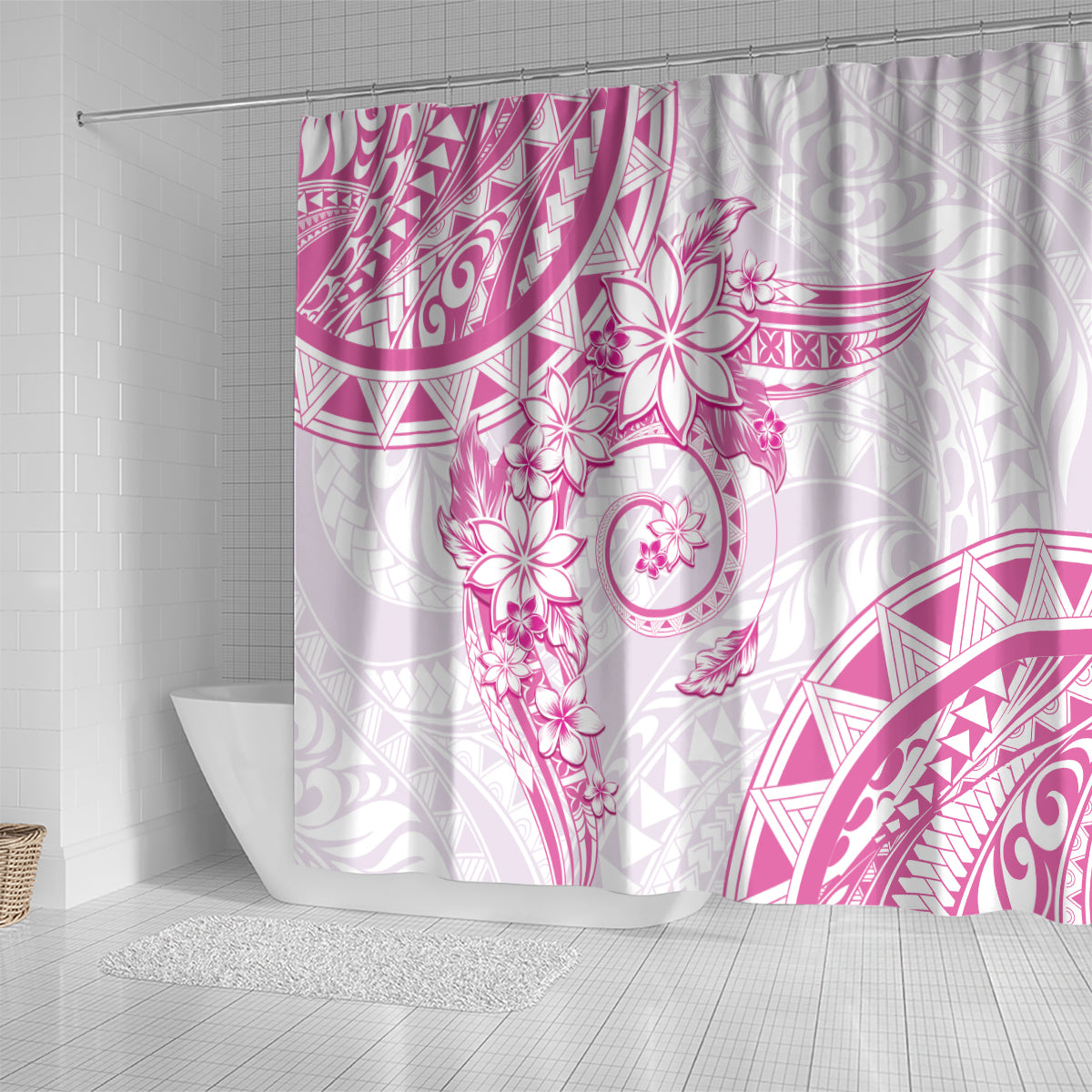 Polynesian Pattern With Plumeria Flowers Shower Curtain Pink